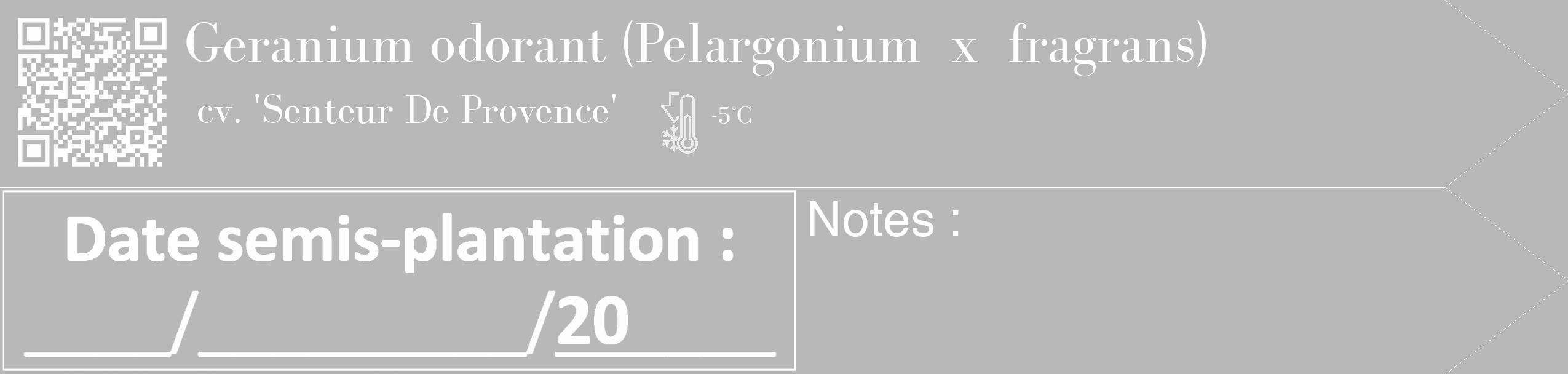 Étiquette de : Pelargonium x fragrans cv. 'Senteur De Provence' - format c - style blanche39_simple_simplebod avec qrcode et comestibilité