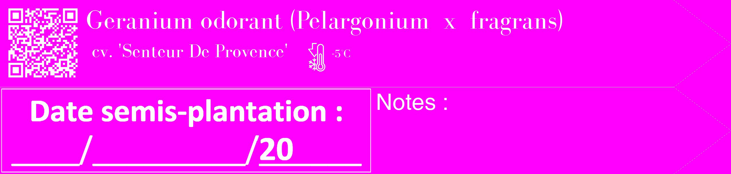 Étiquette de : Pelargonium x fragrans cv. 'Senteur De Provence' - format c - style blanche51_simple_simplebod avec qrcode et comestibilité