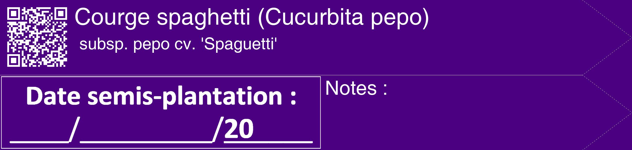 Étiquette de : Cucurbita pepo subsp. pepo cv. 'Spaguetti' - format c - style blanche47_simple_simplehel avec qrcode et comestibilité