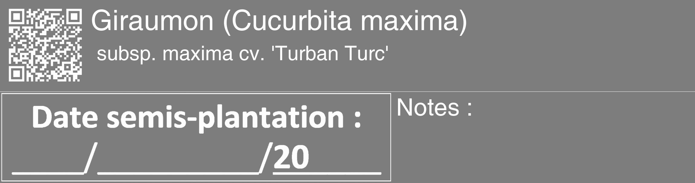 Étiquette de : Cucurbita maxima subsp. maxima cv. 'Turban Turc' - format c - style blanche35_basique_basiquehel avec qrcode et comestibilité