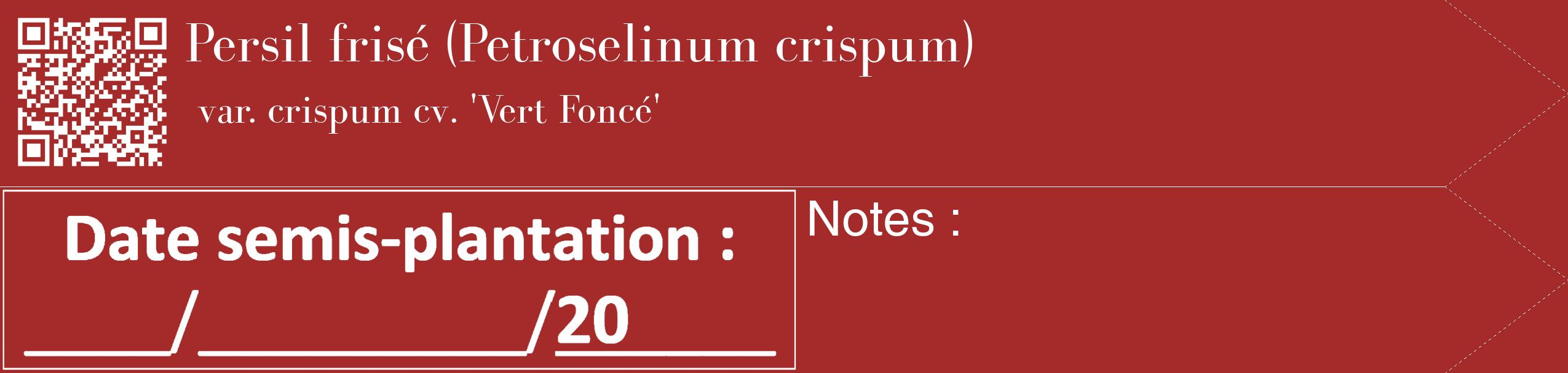 Étiquette de : Petroselinum crispum var. crispum cv. 'Vert Foncé' - format c - style blanche33_simple_simplebod avec qrcode et comestibilité