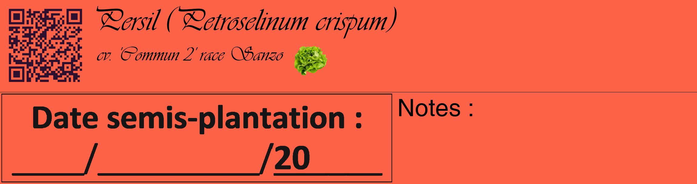 Étiquette de : Petroselinum crispum cv. 'Commun 2' race Sanzo - format c - style noire25_basique_basiqueviv avec qrcode et comestibilité simplifiée