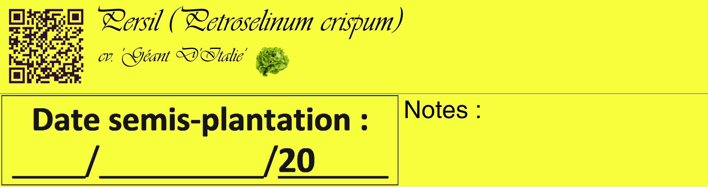 Étiquette de : Petroselinum crispum cv. 'Géant D'Italie' - format c - style noire18_basique_basiqueviv avec qrcode et comestibilité simplifiée