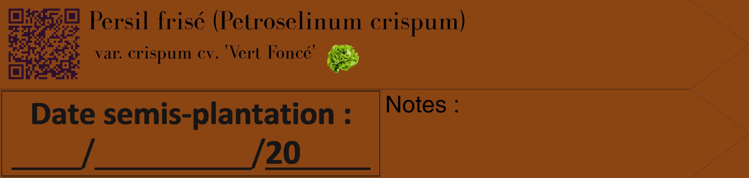 Étiquette de : Petroselinum crispum var. crispum cv. 'Vert Foncé' - format c - style noire30simple_simple_simplebod avec qrcode et comestibilité simplifiée