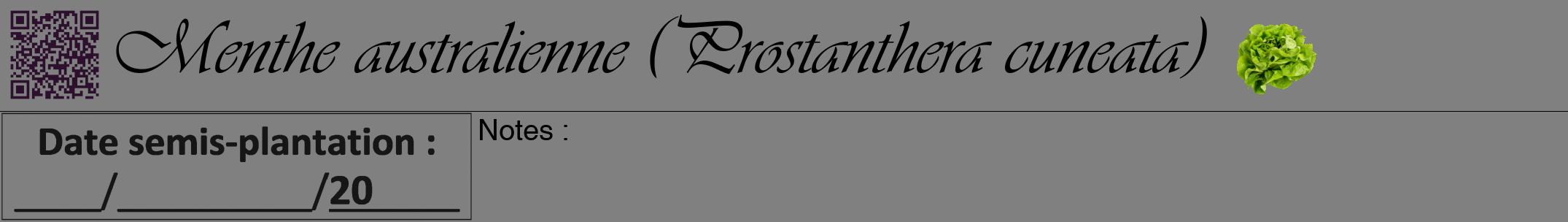 Étiquette de : Prostanthera cuneata - format a - style noire57viv avec qrcode et comestibilité simplifiée