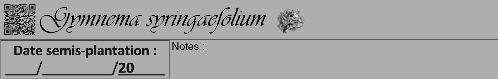 Étiquette de : Gymnema syringaefolium - format a - style noire53basiqueviv avec qrcode et comestibilité simplifiée