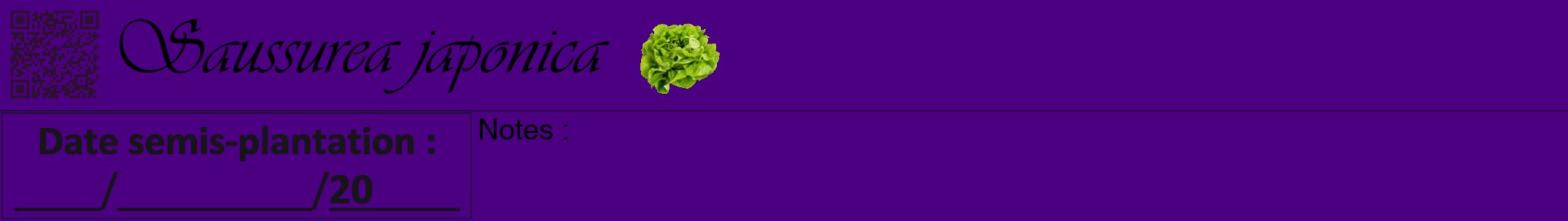 Étiquette de : Saussurea japonica - format a - style noire47viv avec qrcode et comestibilité simplifiée