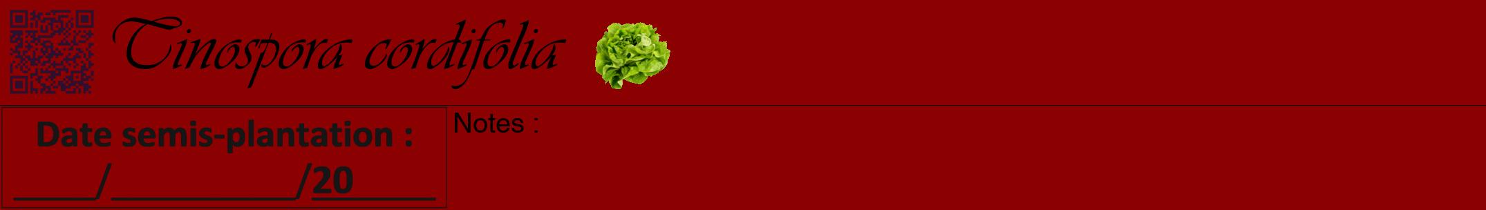 Étiquette de : Tinospora cordifolia - format a - style noire34viv avec qrcode et comestibilité simplifiée