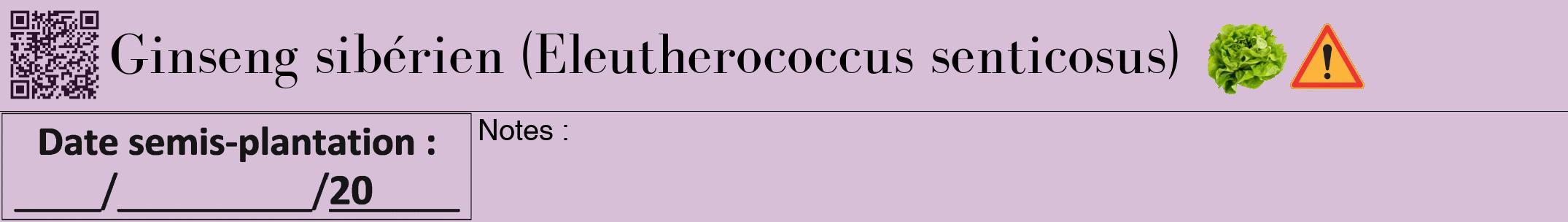 Étiquette de : Eleutherococcus senticosus - format a - style noire54bod avec qrcode et comestibilité simplifiée