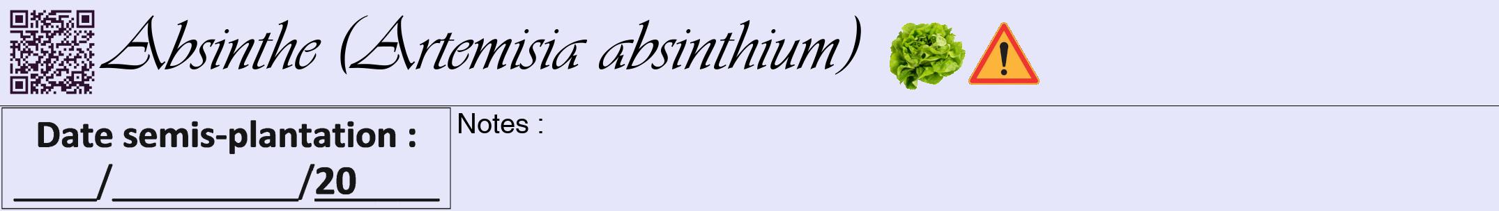 Étiquette de : Artemisia absinthium - format a - style noire55viv avec qrcode et comestibilité simplifiée