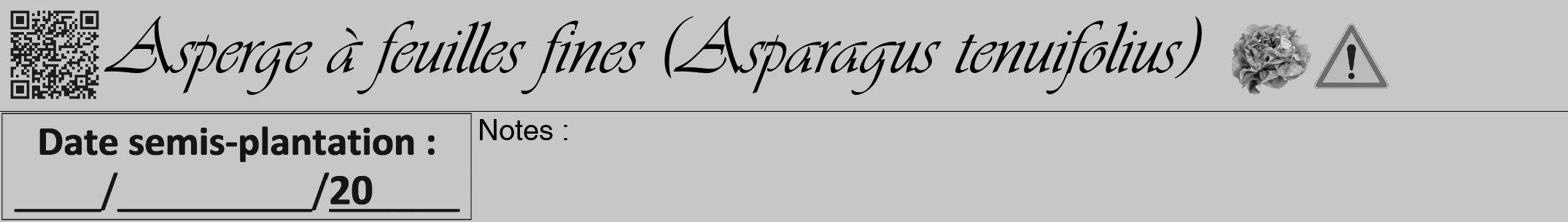 Étiquette de : Asparagus tenuifolius - format a - style noire15viv avec qrcode et comestibilité simplifiée