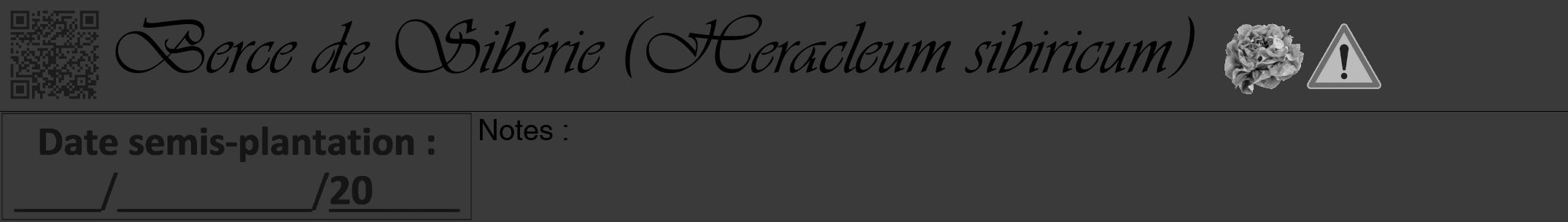 Étiquette de : Heracleum sibiricum - format a - style noire8viv avec qrcode et comestibilité simplifiée