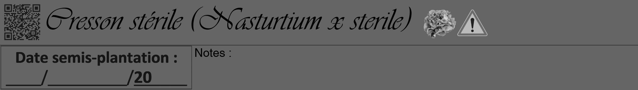 Étiquette de : Nasturtium x sterile - format a - style noire32viv avec qrcode et comestibilité simplifiée