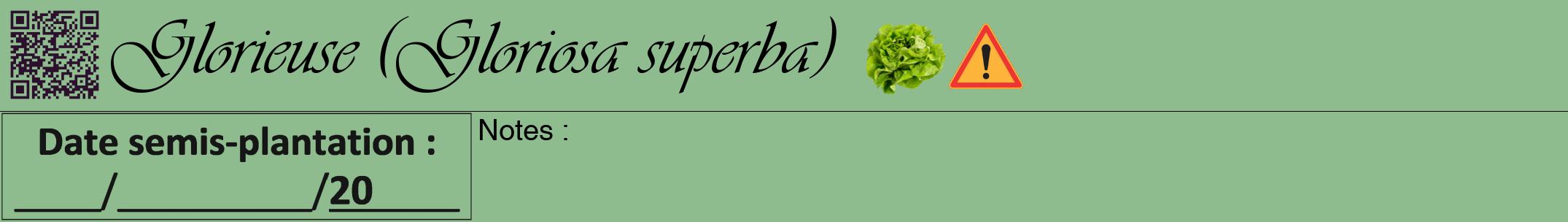 Étiquette de : Gloriosa superba - format a - style noire13viv avec qrcode et comestibilité simplifiée