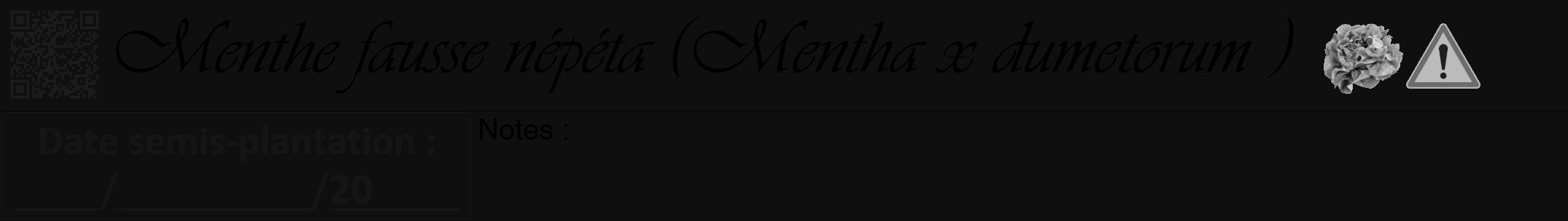 Étiquette de : Mentha x dumetorum  - format a - style noire7simpleviv avec qrcode et comestibilité simplifiée