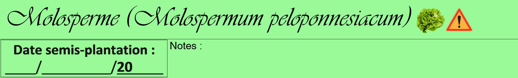 Étiquette de : Molospermum peloponnesiacum - format a - style noire14viv avec comestibilité simplifiée