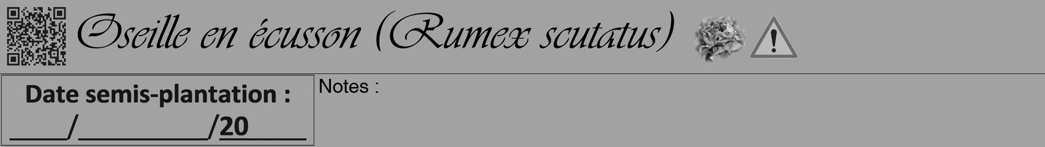 Étiquette de : Rumex scutatus - format a - style noire38viv avec qrcode et comestibilité simplifiée