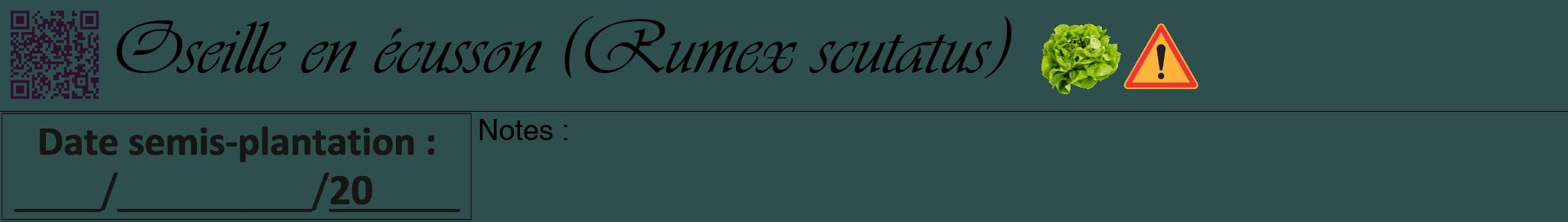 Étiquette de : Rumex scutatus - format a - style noire58viv avec qrcode et comestibilité simplifiée