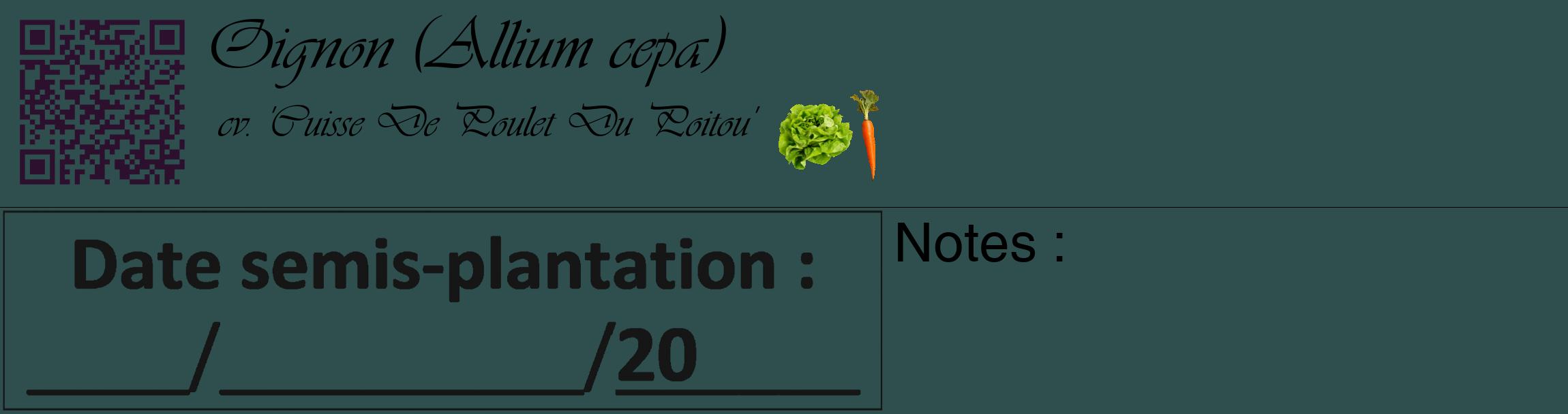 Étiquette de : Allium cepa cv. 'Cuisse De Poulet Du Poitou' - format c - style noire58_basique_basiqueviv avec qrcode et comestibilité simplifiée