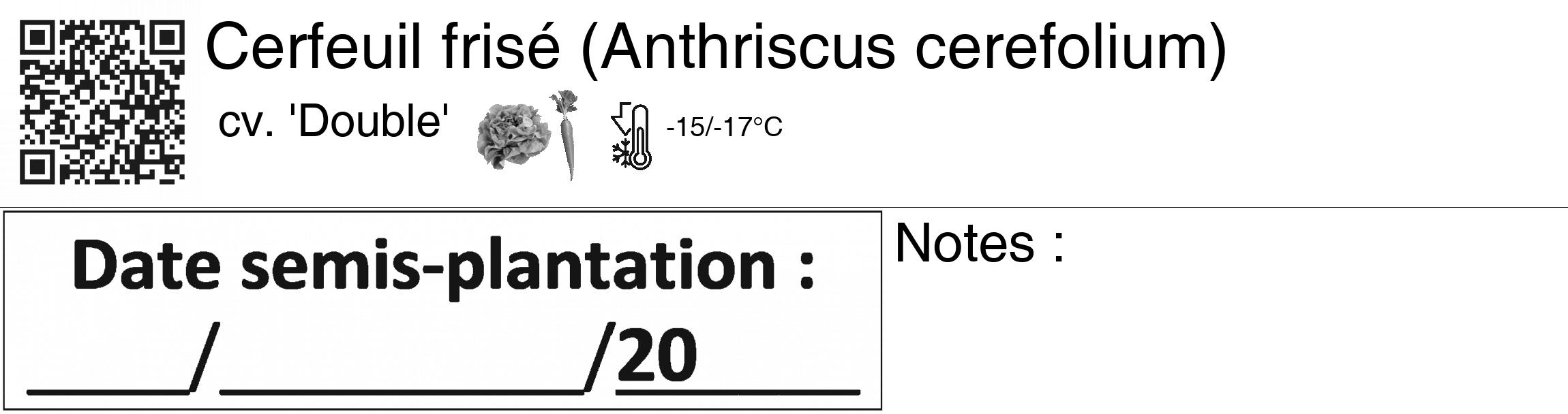 Étiquette de : Anthriscus cerefolium cv. 'Double' - format c - style noire60_basiquegrrvhel avec qrcode et comestibilité simplifiée
