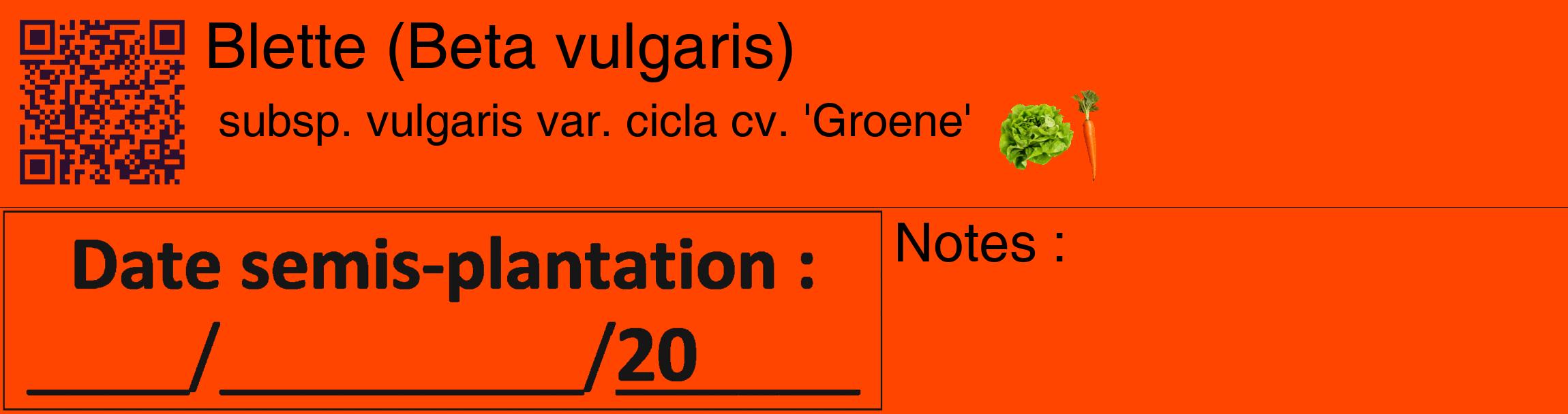 Étiquette de : Beta vulgaris subsp. vulgaris var. cicla cv. 'Groene' - format c - style noire26_basique_basiquehel avec qrcode et comestibilité simplifiée