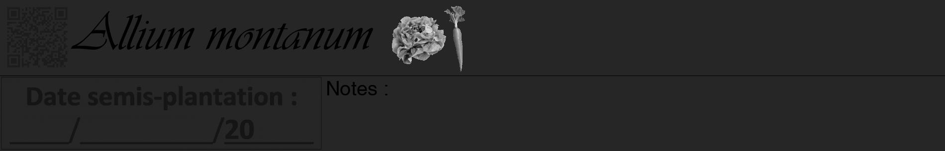 Étiquette de : Allium montanum - format a - style noire29basiqueviv avec qrcode et comestibilité simplifiée
