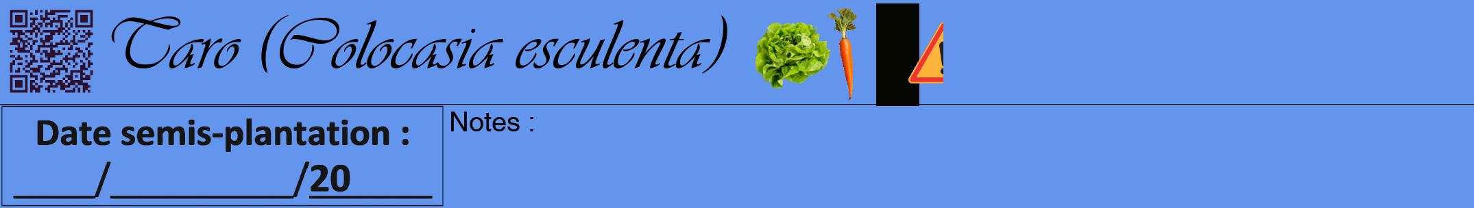 Étiquette de : Colocasia esculenta - format a - style noire4viv avec qrcode et comestibilité simplifiée