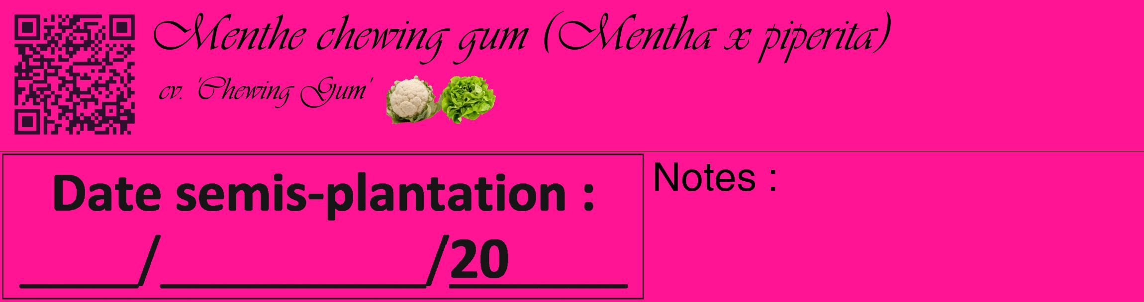 Étiquette de : Mentha x piperita cv. 'Chewing Gum' - format c - style noire43_basique_basiqueviv avec qrcode et comestibilité simplifiée