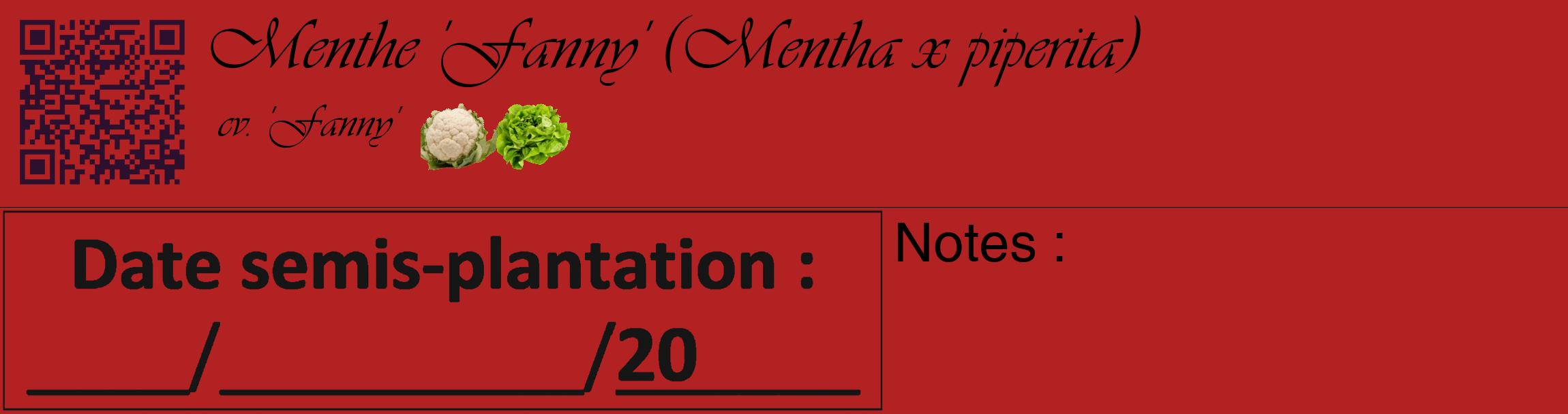 Étiquette de : Mentha x piperita cv. 'Fanny' - format c - style noire28_basique_basiqueviv avec qrcode et comestibilité simplifiée