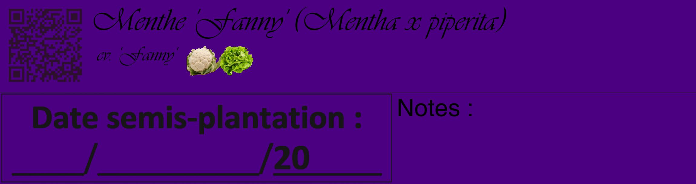 Étiquette de : Mentha x piperita cv. 'Fanny' - format c - style noire47_basique_basiqueviv avec qrcode et comestibilité simplifiée