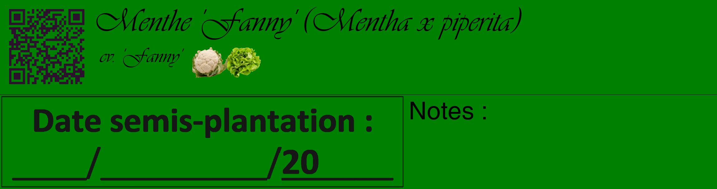 Étiquette de : Mentha x piperita cv. 'Fanny' - format c - style noire9_basique_basiqueviv avec qrcode et comestibilité simplifiée