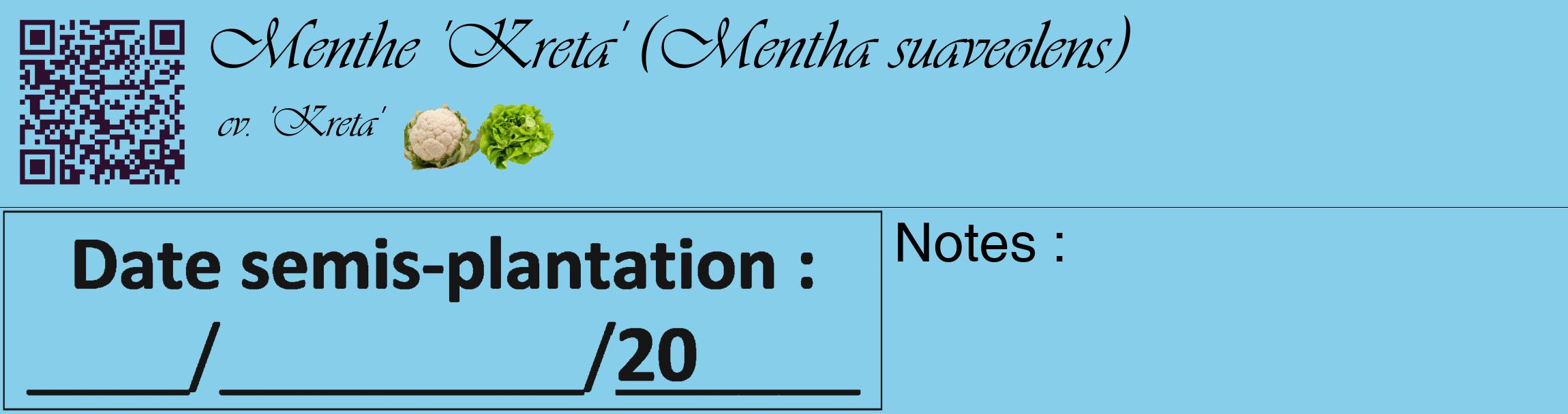 Étiquette de : Mentha suaveolens cv. 'Kreta' - format c - style noire1_basique_basiqueviv avec qrcode et comestibilité simplifiée