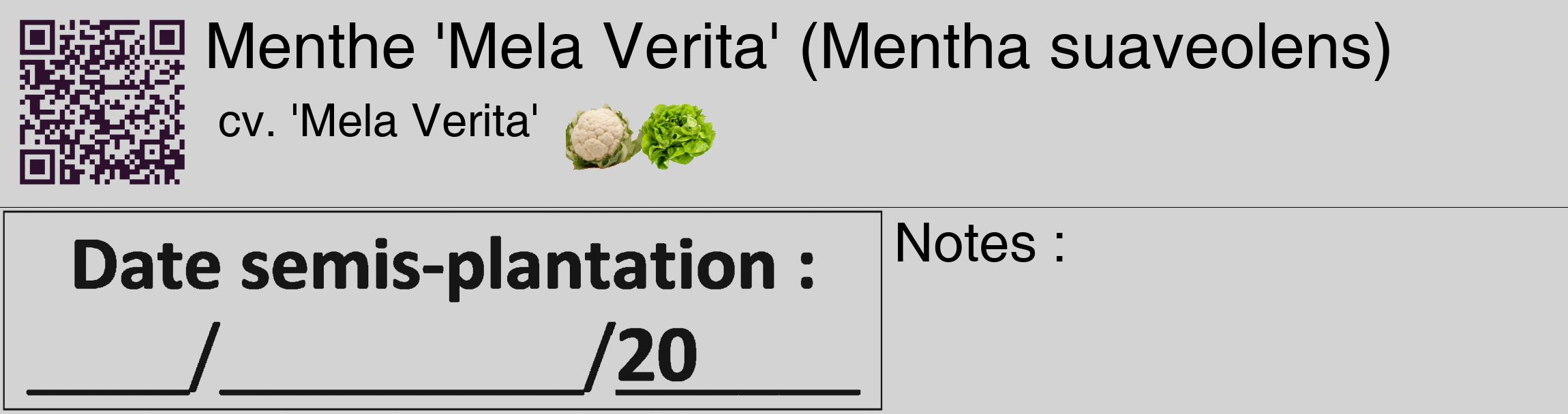Étiquette de : Mentha suaveolens cv. 'Mela Verita' - format c - style noire56_basique_basiquehel avec qrcode et comestibilité simplifiée