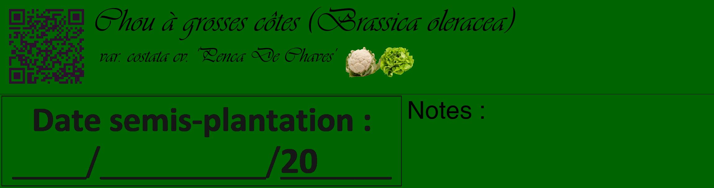 Étiquette de : Brassica oleracea var. costata cv. 'Penca De Chaves' - format c - style noire8basique_basique_basiqueviv avec qrcode et comestibilité simplifiée