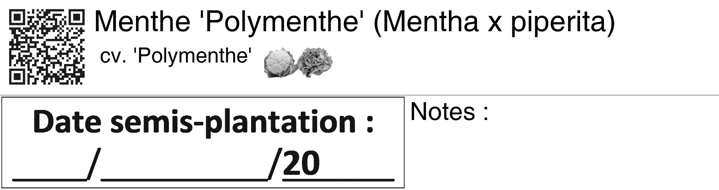 Étiquette de : Mentha x piperita cv. 'Polymenthe' - format c - style noire60_basiquegrrvhel avec qrcode et comestibilité simplifiée