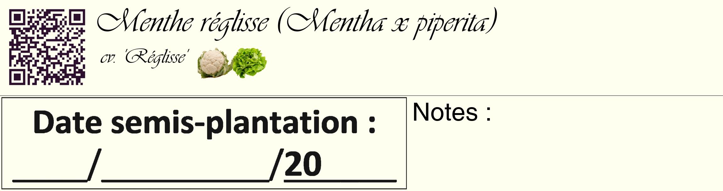 Étiquette de : Mentha x piperita cv. 'Réglisse' - format c - style noire19_basique_basiqueviv avec qrcode et comestibilité simplifiée