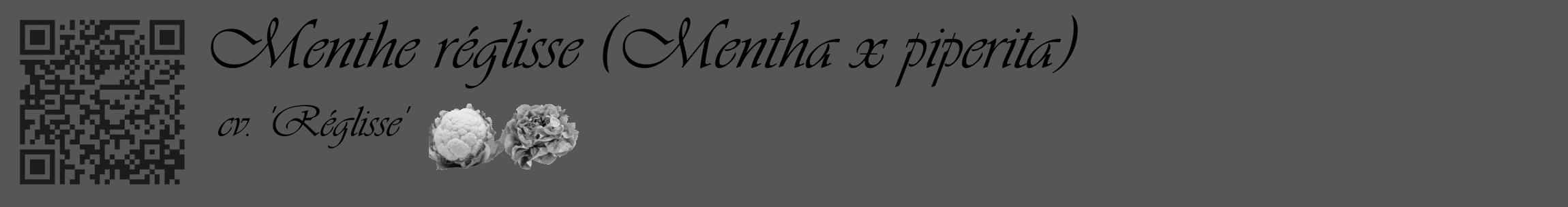 Étiquette de : Mentha x piperita cv. 'Réglisse' - format c - style noire45_basique_basiqueviv avec qrcode et comestibilité simplifiée