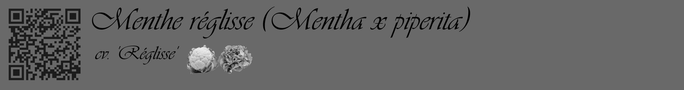 Étiquette de : Mentha x piperita cv. 'Réglisse' - format c - style noire51_basique_basiqueviv avec qrcode et comestibilité simplifiée
