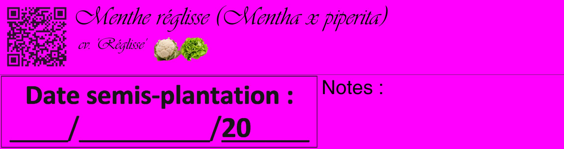 Étiquette de : Mentha x piperita cv. 'Réglisse' - format c - style noire51_basique_basiqueviv avec qrcode et comestibilité simplifiée
