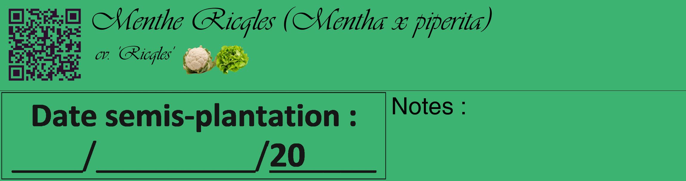 Étiquette de : Mentha x piperita cv. 'Ricqles' - format c - style noire12_basique_basiqueviv avec qrcode et comestibilité simplifiée