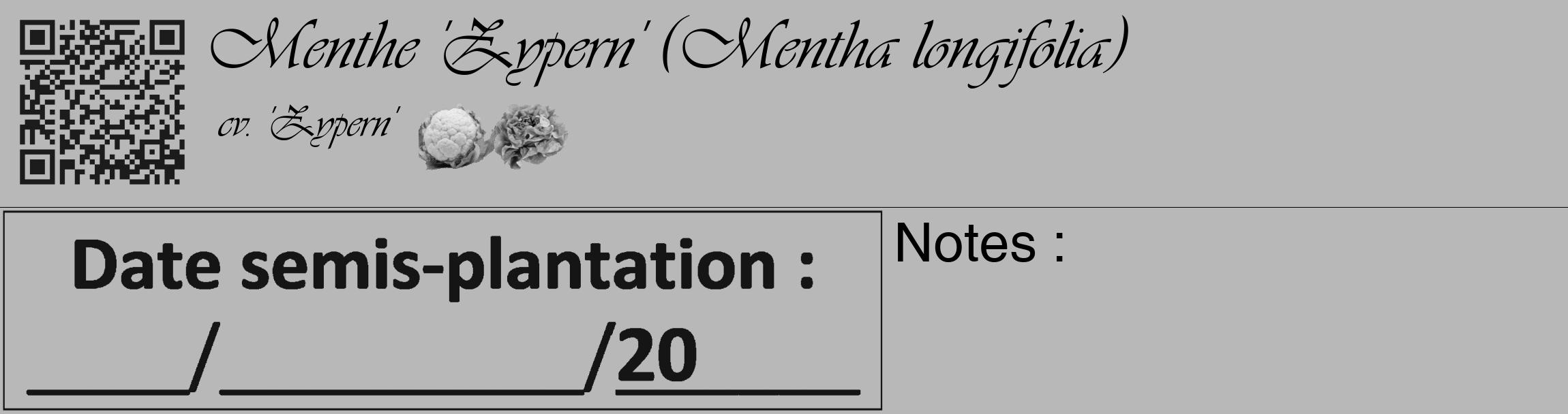 Étiquette de : Mentha longifolia cv. 'Zypern' - format c - style noire39_basique_basiqueviv avec qrcode et comestibilité simplifiée