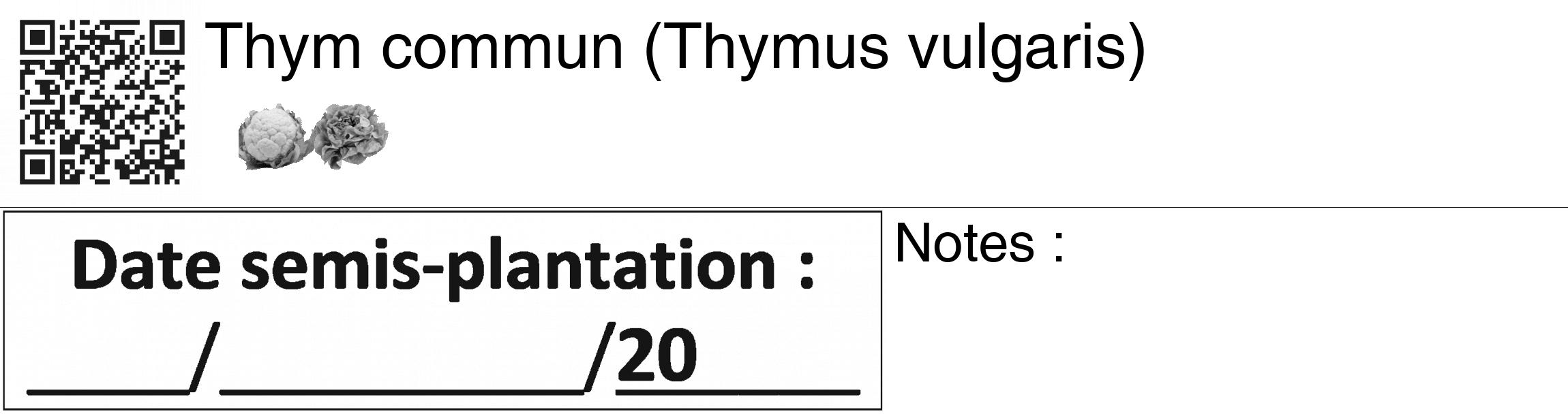 Étiquette de : Thymus vulgaris - format c - style noire60_basiquegrrvhel avec qrcode et comestibilité simplifiée