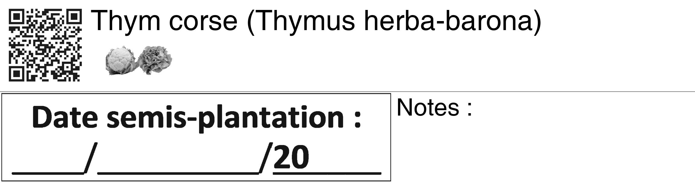 Étiquette de : Thymus herba-barona - format c - style noire60_basiquegrrvhel avec qrcode et comestibilité simplifiée