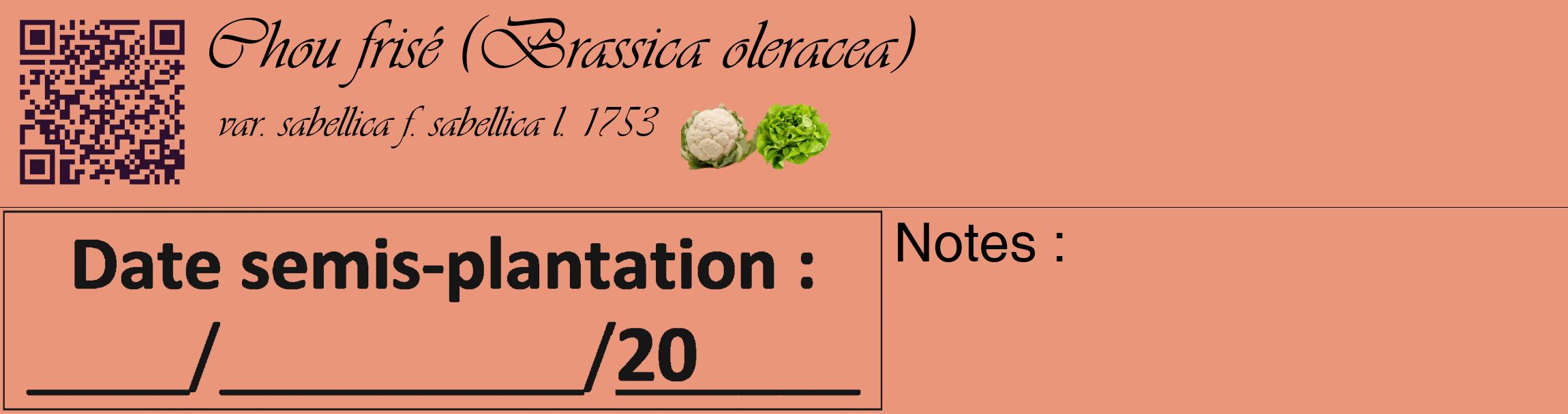 Étiquette de : Brassica oleracea var. sabellica f. sabellica l. 1753 - format c - style noire37_basique_basiqueviv avec qrcode et comestibilité simplifiée