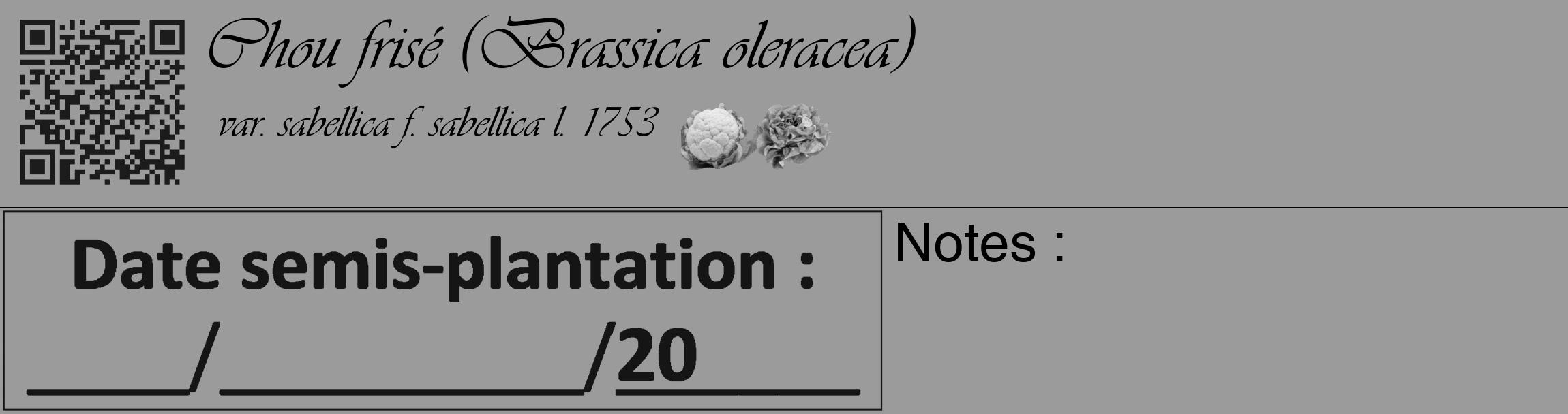 Étiquette de : Brassica oleracea var. sabellica f. sabellica l. 1753 - format c - style noire52_basique_basiqueviv avec qrcode et comestibilité simplifiée