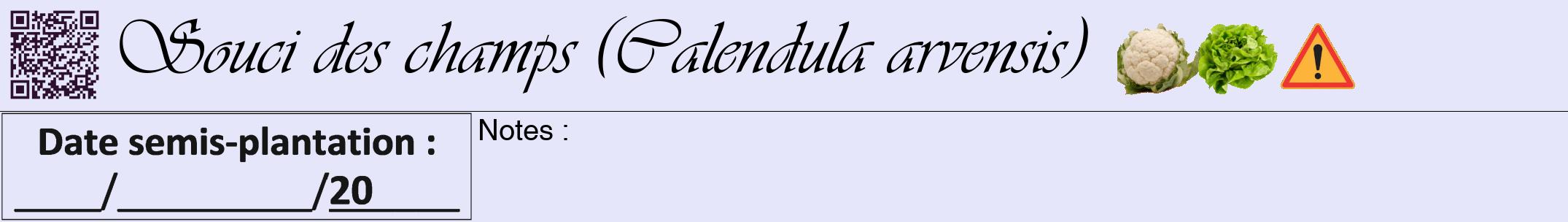 Étiquette de : Calendula arvensis - format a - style noire55viv avec qrcode et comestibilité simplifiée