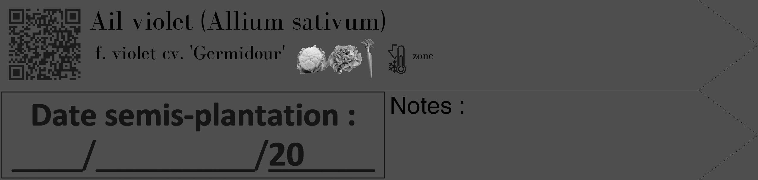 Étiquette de : Allium sativum f. violet cv. 'Germidour' - format c - style noire33_simple_simplebod avec qrcode et comestibilité simplifiée