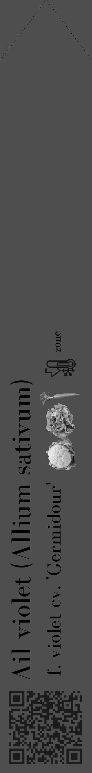Étiquette de : Allium sativum f. violet cv. 'Germidour' - format c - style noire33_simple_simplebod avec qrcode et comestibilité simplifiée - position verticale