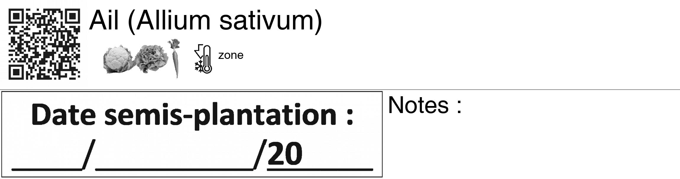 Étiquette de : Allium sativum - format c - style noire60_basiquegrrvhel avec qrcode et comestibilité simplifiée
