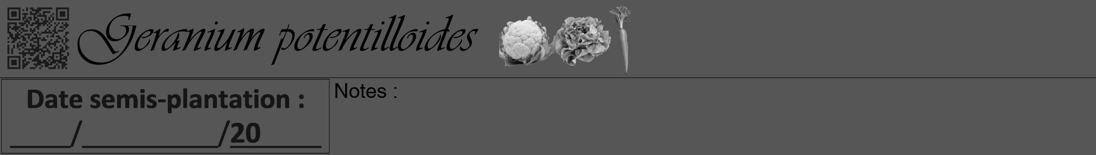 Étiquette de : Geranium potentilloides - format a - style noire45simpleviv avec qrcode et comestibilité simplifiée
